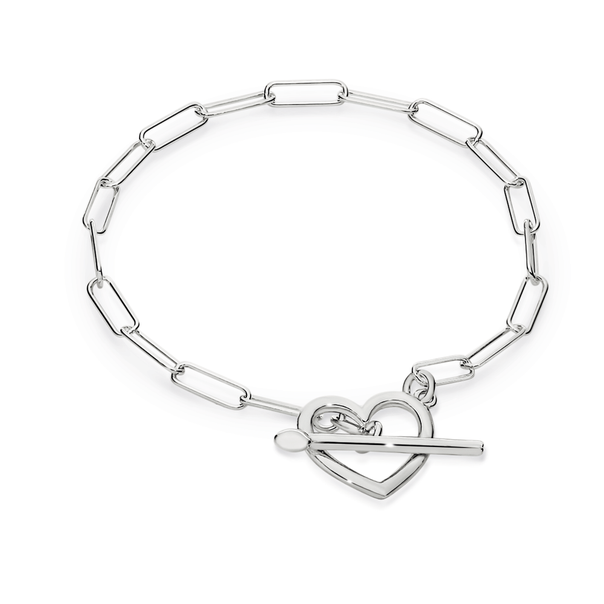 Silver Fine Long Link Open Heart Fob Bracelet