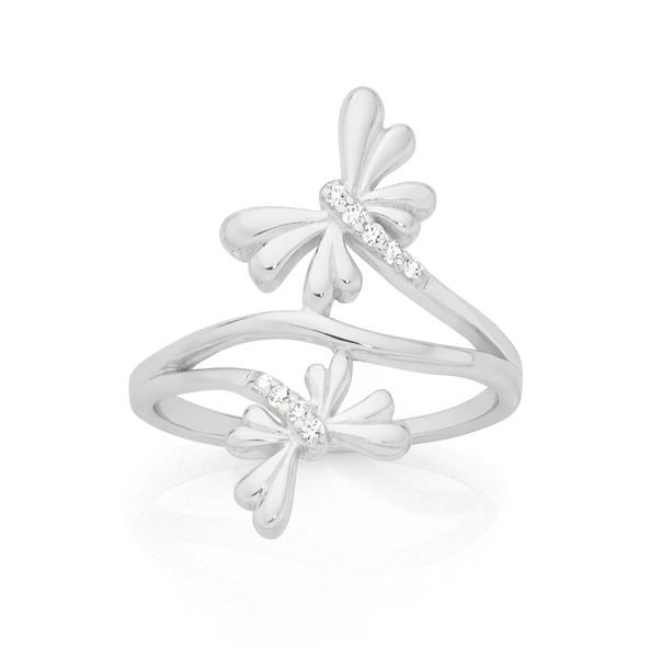 Silver Flutter CZ 2 Dragonflies Crossover Ring Size O