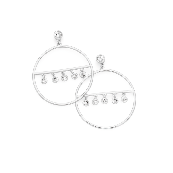 Silver Fringe Round Cz On Bar In Circle Earrings