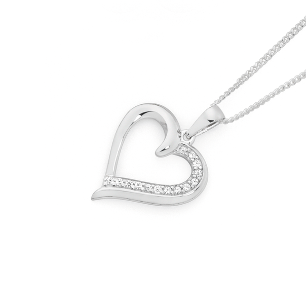 Silver Heart Half Lined With CZ Pendant