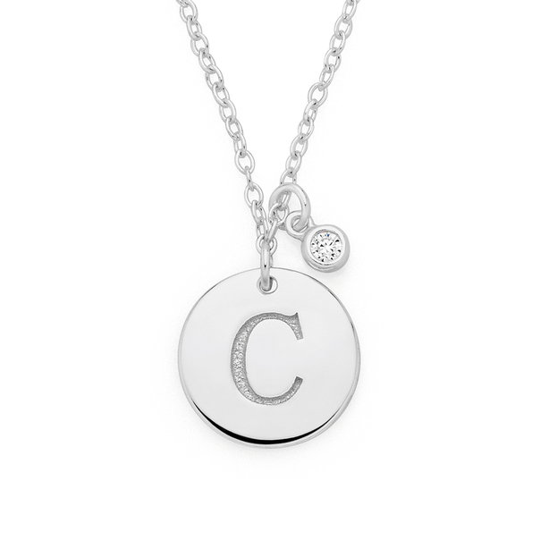 Silver Initial C Disc With CZ Charm Necklace