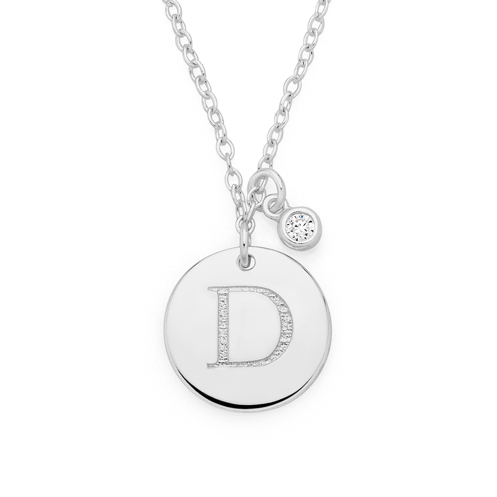 Silver Initial S Disc With Cz Charm Necklace in White Goldmark AU