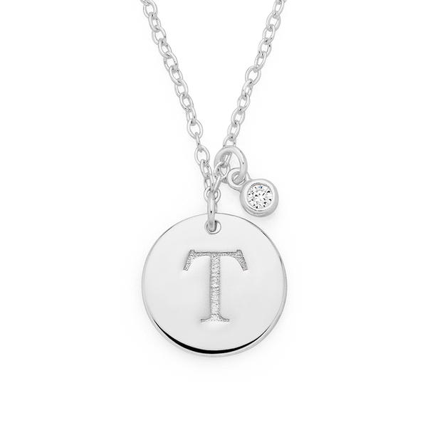 Silver Initial T Disc With CZ Charm Necklace