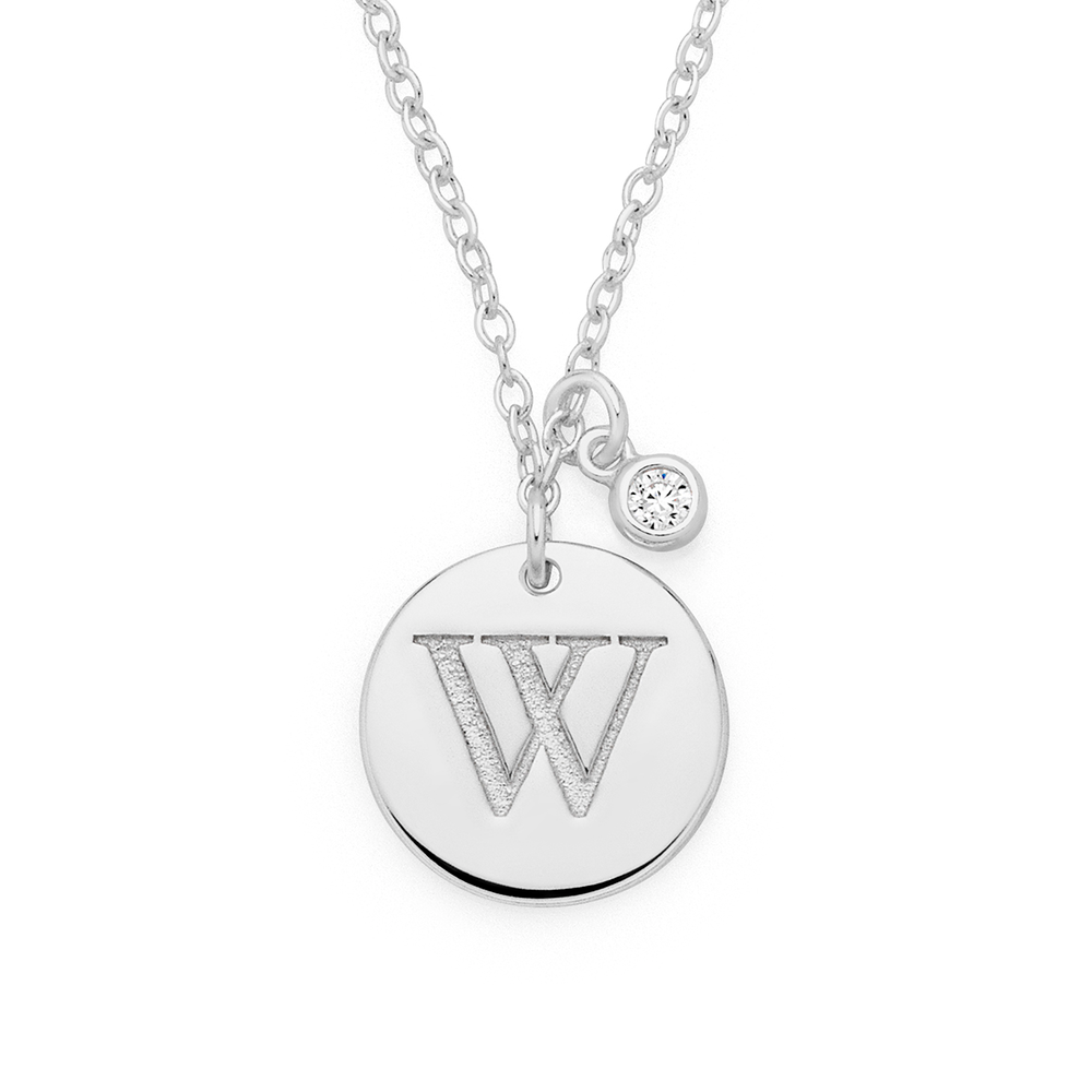 Silver Initial W Disc With CZ Charm Necklace