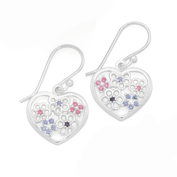 Silver Lavender, Amethyst & Pink CZ Flowers Heart Earrings