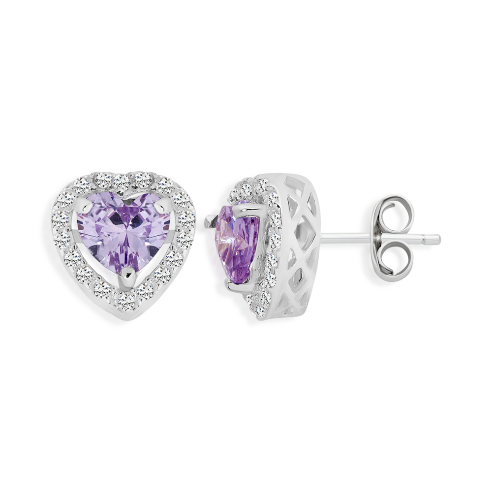 Silver Lavender CZ Heart Interchangeable Stud Earrings
