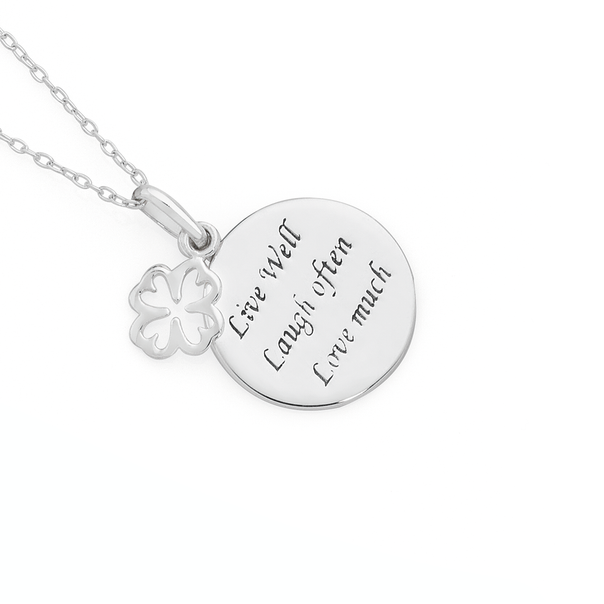 Silver Live  Laugh  Love Disc Pendant With Clover Charm