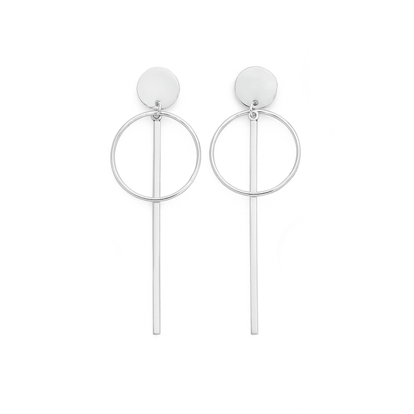 Silver Long Bar Drop On Circle Pendulum Earrings