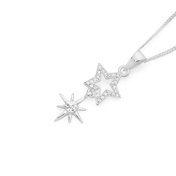 Silver Magical Night CZ Two Stars Pendant