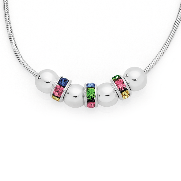 Silver Multi Colour Crystal Seven Lucky Rings Necklace