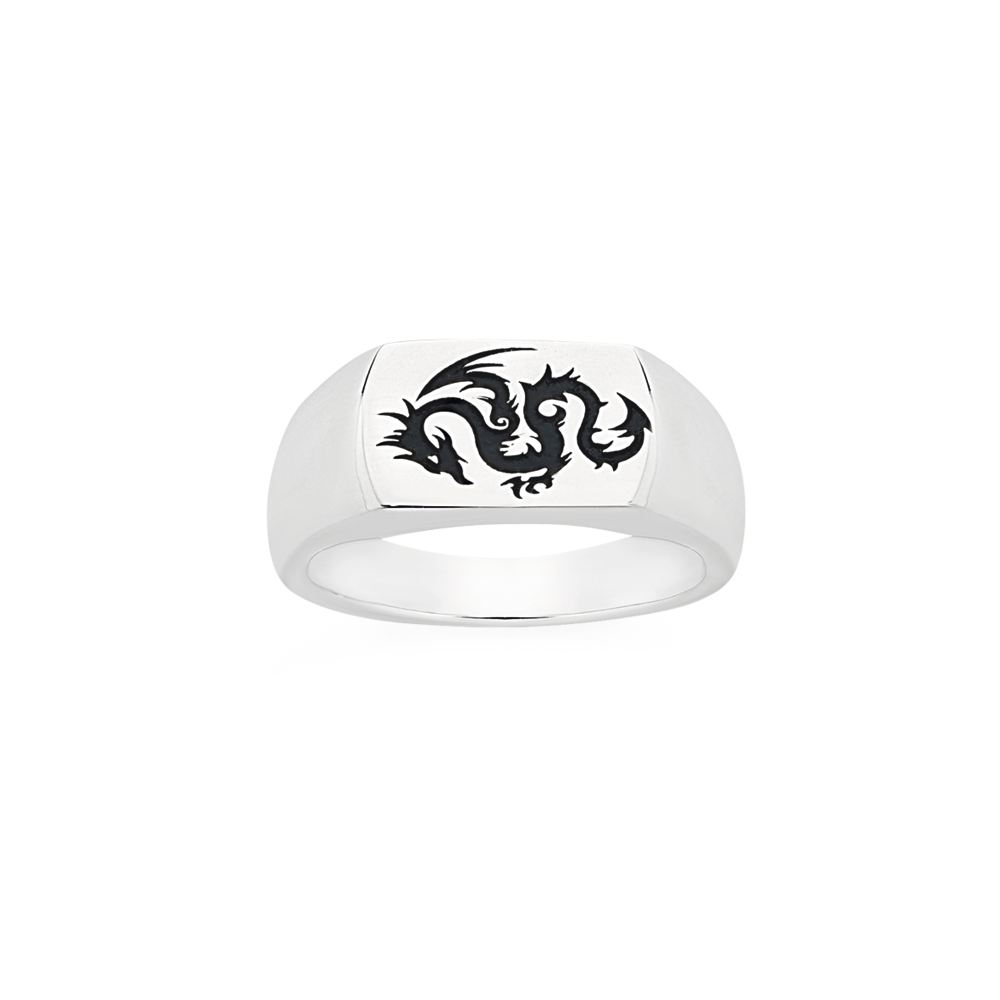 Silver Oxidised Engraved Dragon Signet Ring Goldmark AU