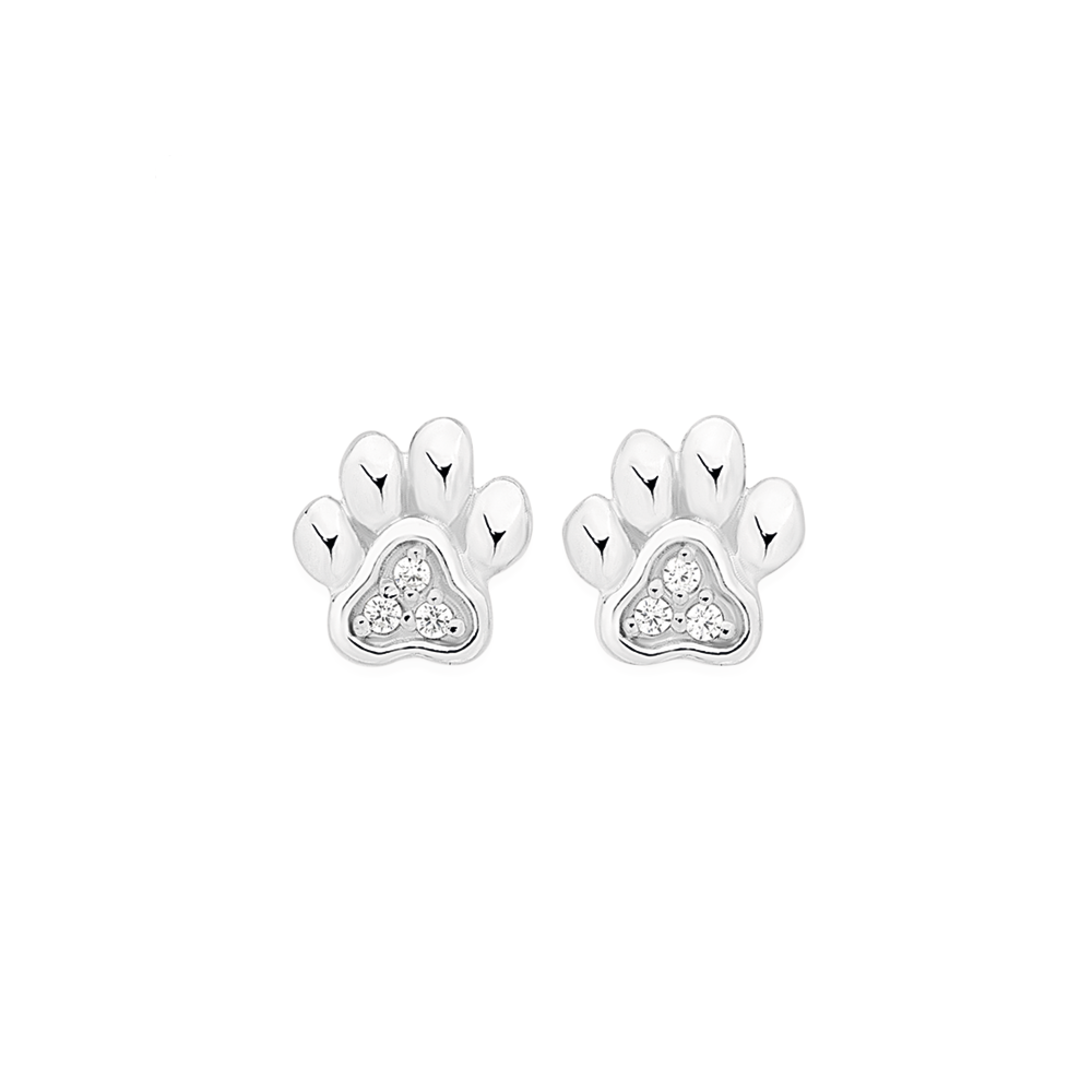 Silver Pets Cz Paw Print Stud Earrings in White Goldmark AU