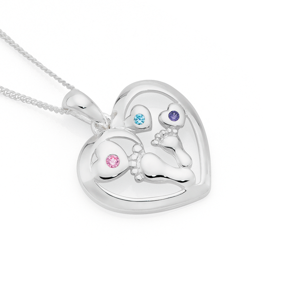 Silver Pink, Blue & Amethyst CZ Exploding Hearts Footprints In Heart Pendant