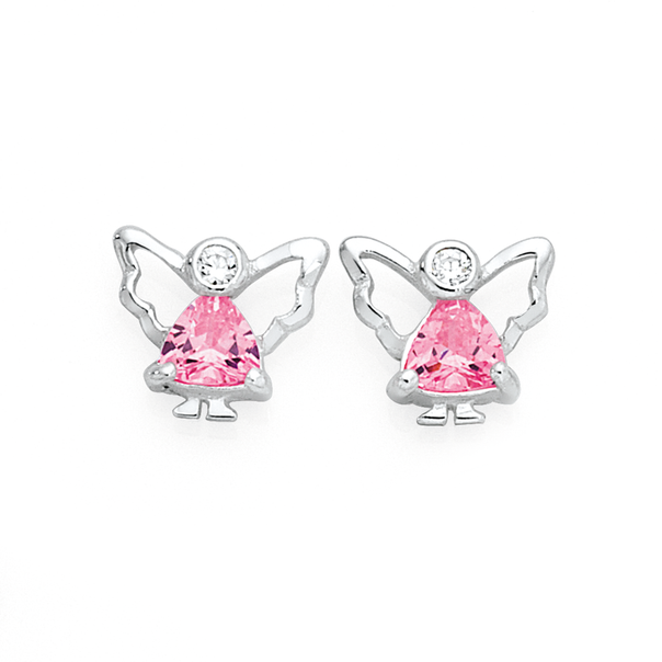 Silver Pink CZ Angel Stud Earrings