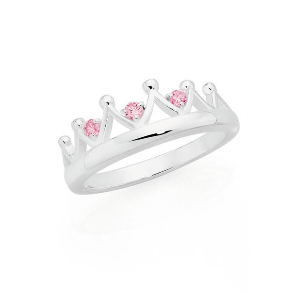 Silver Pink CZ Crown Ring Size O