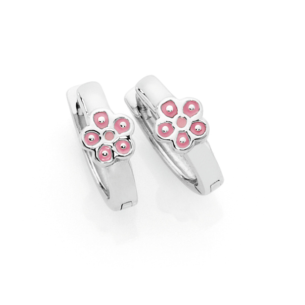 Silver Pink Flower Hoop Earrings
