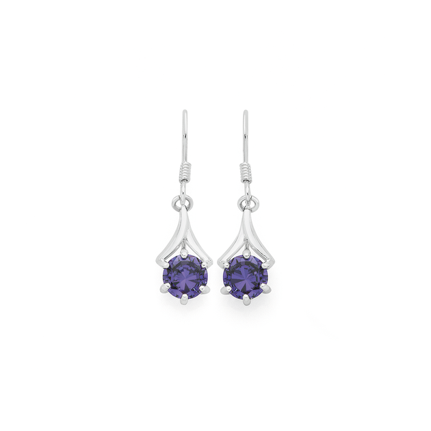 Silver Purple Cz Wishbone Hook Drop Earrings in Purple | Goldmark (AU)