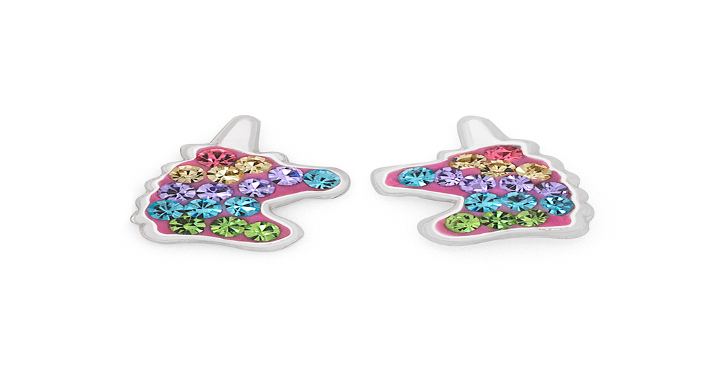 Silver Rainbow Crystal Unicorn Stud Earrings in Multi-colour