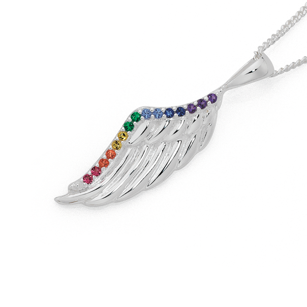 Silver Rainbow CZ Angel Wing Pendant