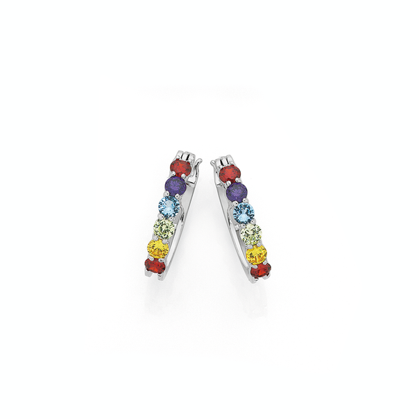 Silver Rainbow CZ Claw Set Hoop Earrings