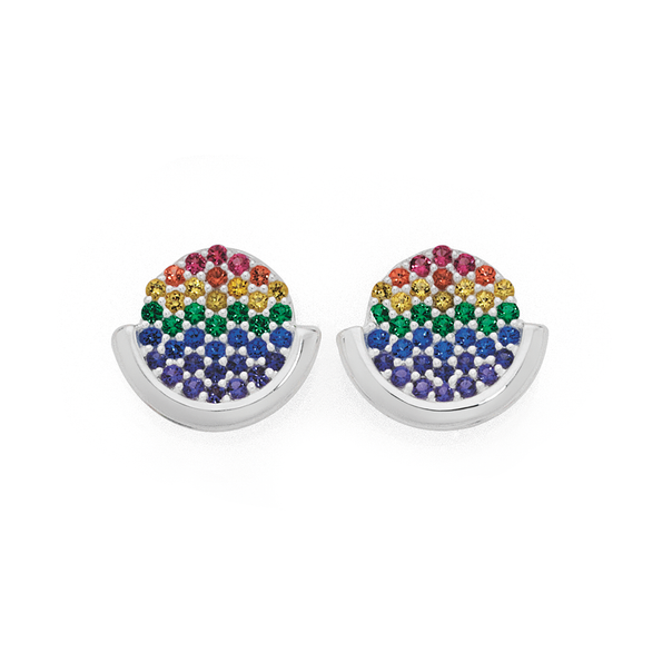 Silver Rainbow CZ Pave Disc On Curve Earrings