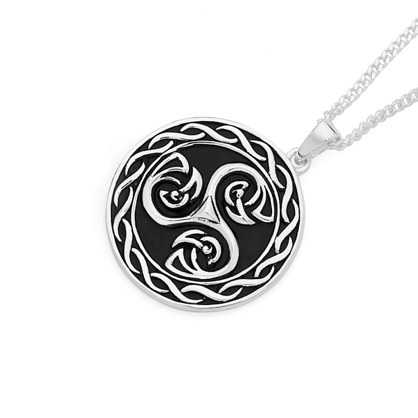 Silver Round Black Celtic Scroll Pendant