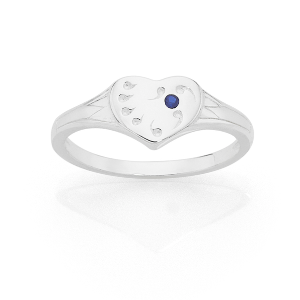 Silver Single Heart Blue Cubic Zirconia Signet Ring
