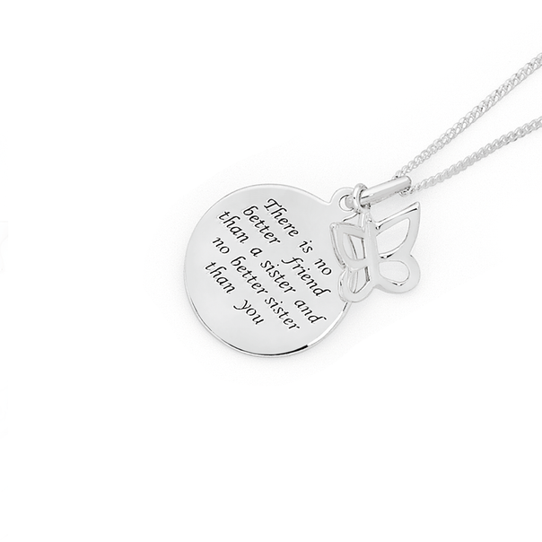 Silver Sisters Disc With Butterfly Charm Message Pendant