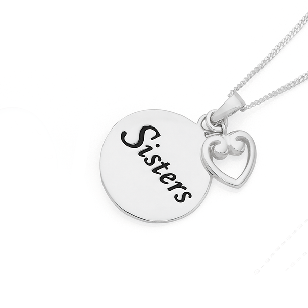 Silver Sisters Disc With Heart Charm Disc Pendant