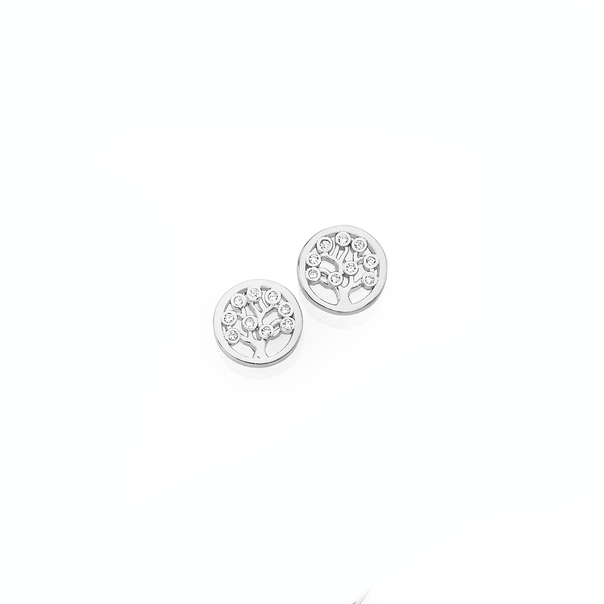 Silver Small Round CZ Tree Of Life Stud Earrings