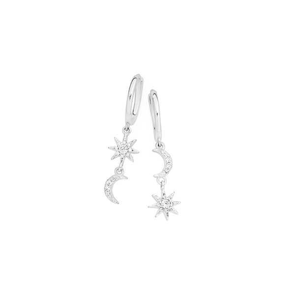 Silver Stargaze CZ Star & Moon On Hoop Earrings