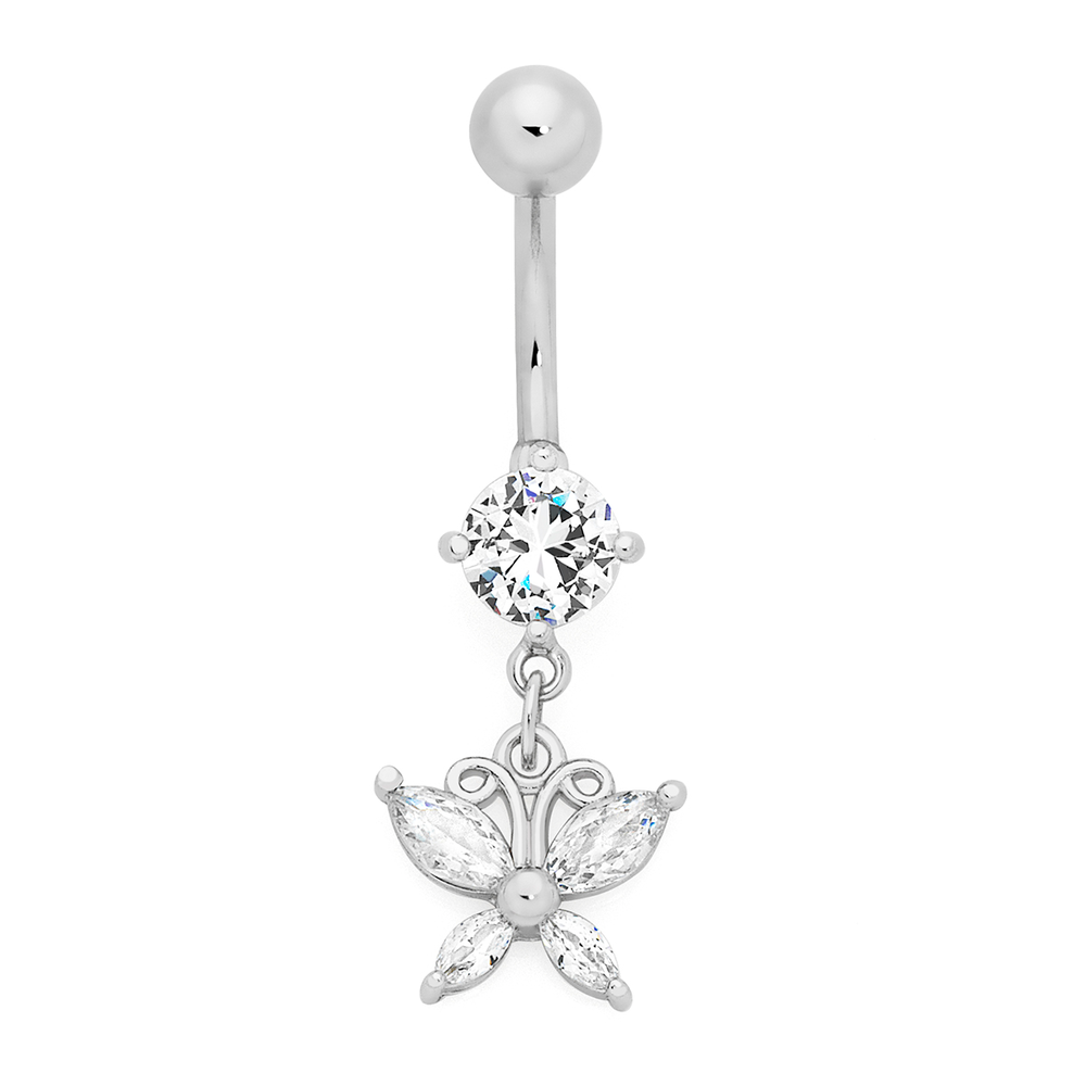 Silver Steel Cz Drop Butterfly Belly Bar in White Goldmark AU