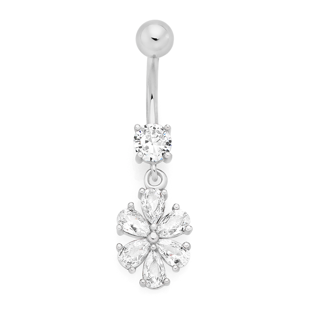 Silver Steel Three Cubic Zirconia Belly Bar in White Goldmark AU