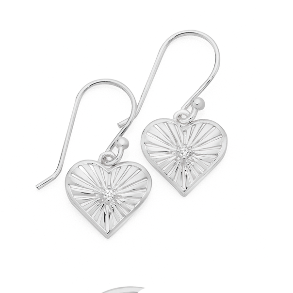 Silver Sunrise CZ Centre Heart Drop Earrings