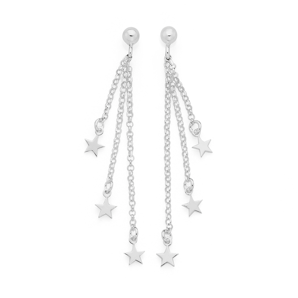 Silver Three Drop Star Earrings