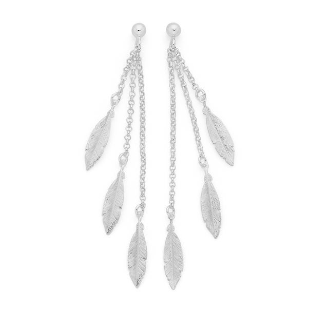 Silver Three Feather Drop Earrings