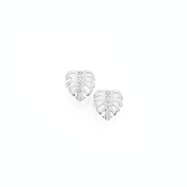 Silver Tropical CZ Palm Leaf Stud Earrings
