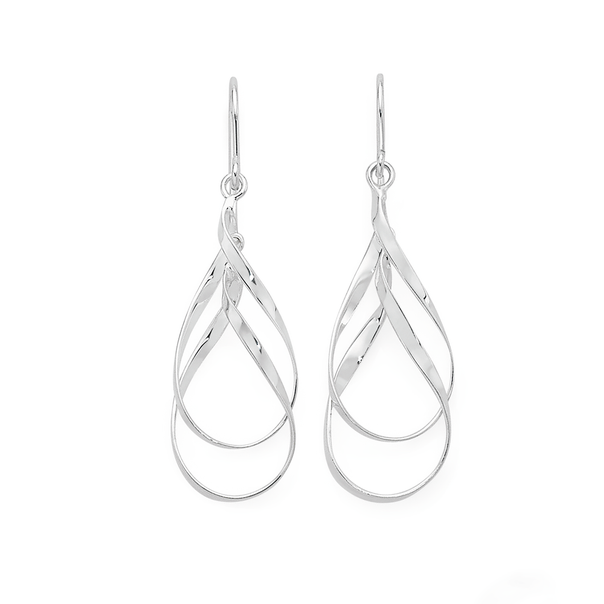 Silver Twisted Double Open Pear Interlocking Drop Earrings