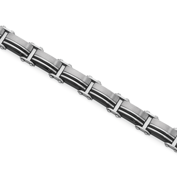 Steel 2 Black Lines Rectangular Link Bracelet
