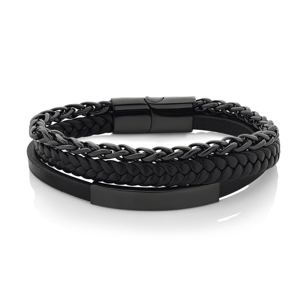 アクセサリー 3-layer Leather Plate Bracelet Steel 21cm 3 Strand Black Plait & Leather Bracelet | Goldmark (AU)