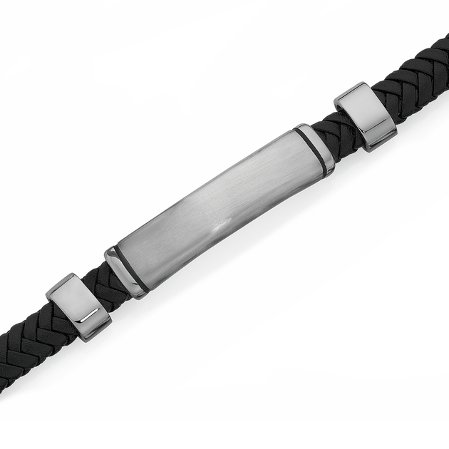 Steel 21cm Black Leather Id Bracelet | Goldmark (AU)