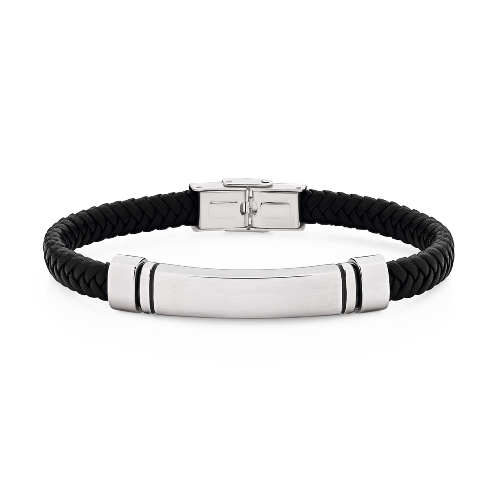 Steel 21cm Black Leather Id Bracelet | Goldmark (AU)