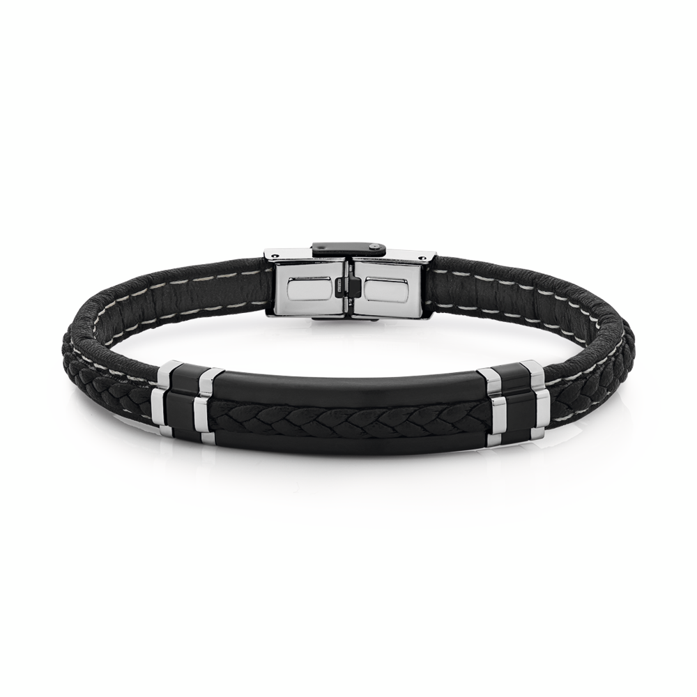 Steel 21cm Black Leather Plait Bracelet | Goldmark (AU)