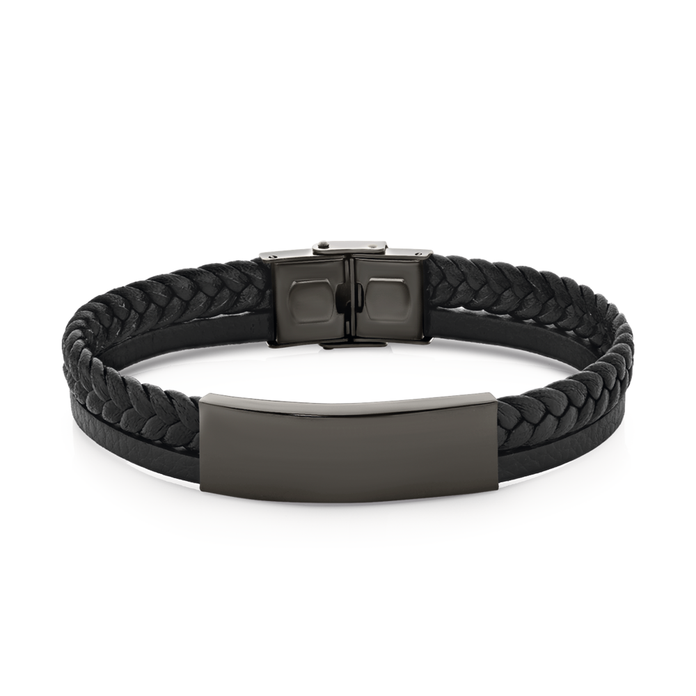 Steel 21cm Black Plated Double Strand Leather Identity Bracelet