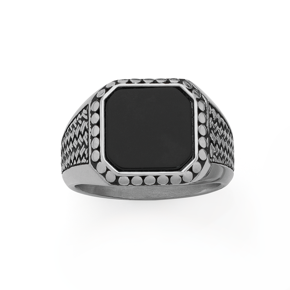 Steel Black Enamel Square Oxidised Signet Ring Goldmark (AU) - Main Image