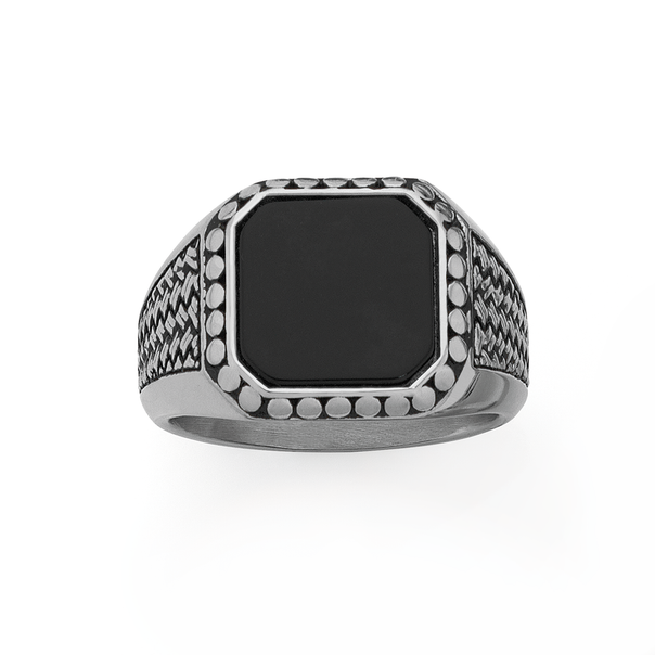 Steel Black Enamel Square Oxidised Signet Ring