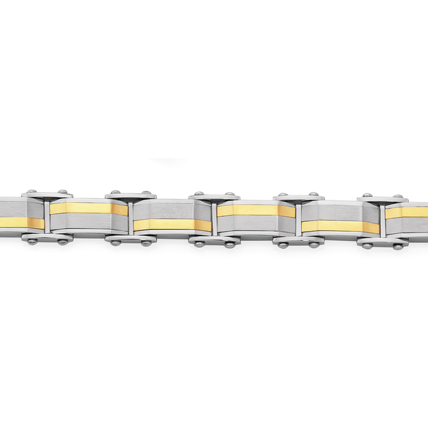 Steel Gold Plate Alternate Stripe Rectanglular Link Bracelet