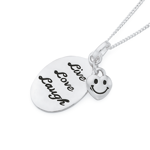 Sterling Silver Oval Live Love Laugh With Smiley Message Pendant