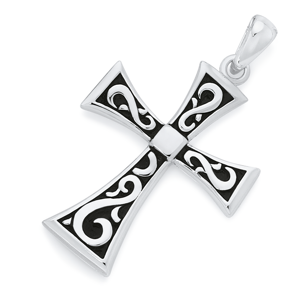 Sterling Silver Oxi-Scroll Flare Cross Pendant - No Chain