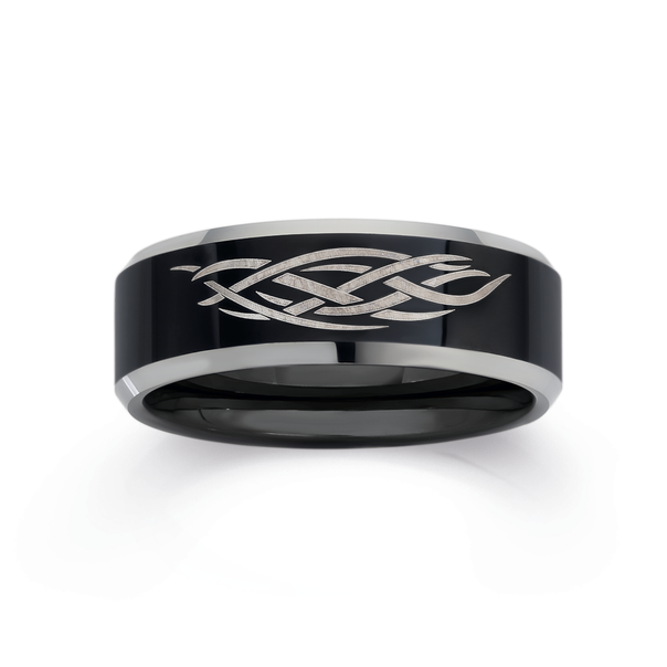 Tungsten Carbide Black Half Celtic Plait Pattern Ring